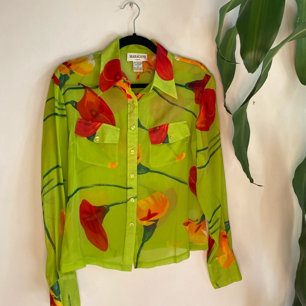 Vintage sharagano Paris green 100% silk floral sheer blouse small